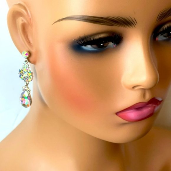 Silver Crystal AB Rhinestone Wedding Bridal Bridesmaid Prom Dangle Drop Earrings - Picture 2 of 4